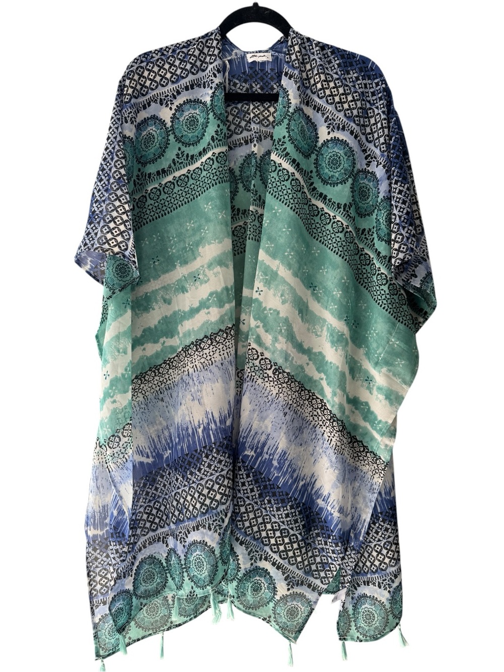 Ultra Pink Sheer Bohemian Print Kimono Cover Up Mint Teal Blue Tassel Duster OS